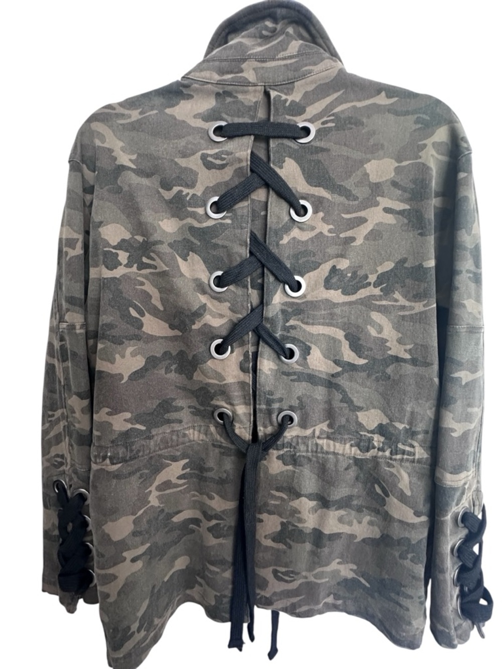 𝅺OLIVACEOUS Camo Utility Jacket sz S Green Lace Up Streetwear Grunge Y2K